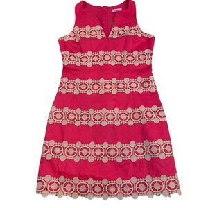 LILLY PULITZER Augusta Coral Anchor Shift Dress-Gold Lace Embroidered-Lined-Sz 8